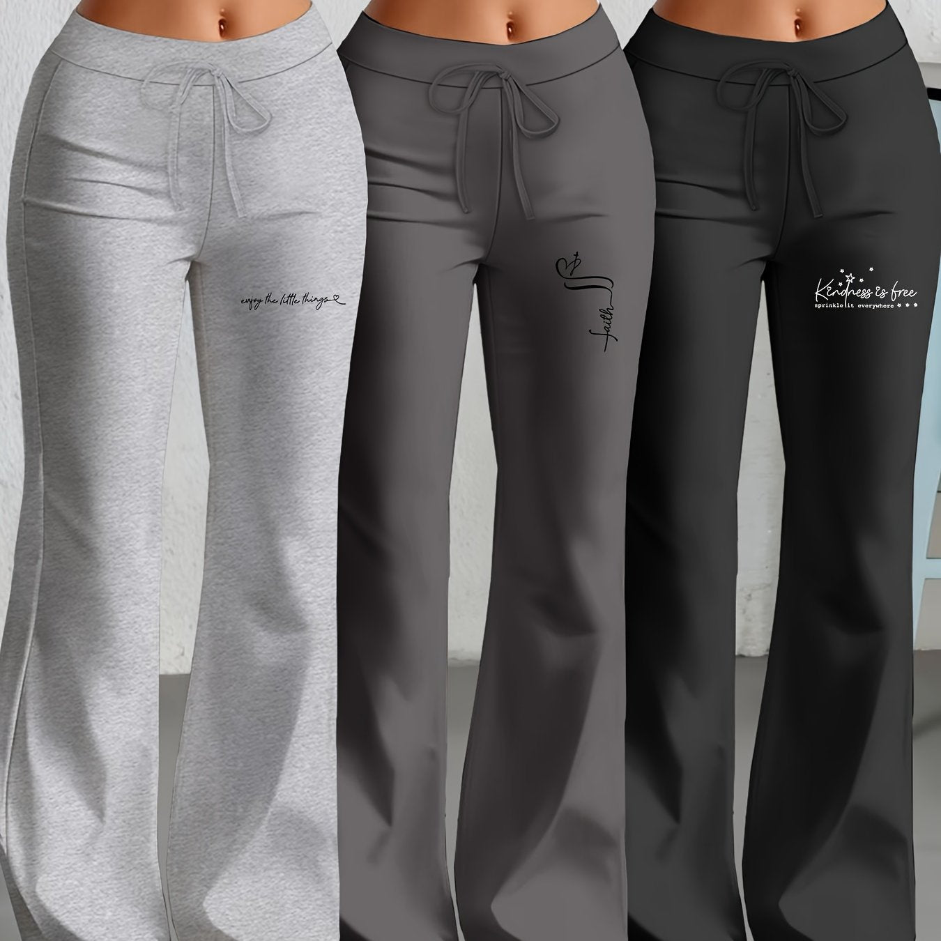 3er-Set Damenhosen mit geradem Schnitt & ausgestelltem Bein, englischem Textdruck, elastischem Stoff – stylisch & bequem für Alltag & Freizeit