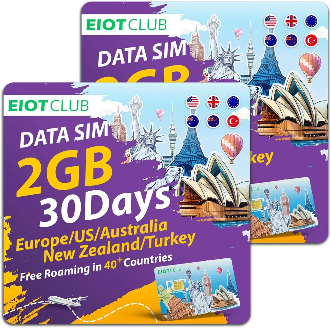 EIOTCLUB Prepaid Europe SIM-Karte – 2 GB 30 TAG, Abdeckung in 40+ Länder, USA, Europa, Australien, Neuseeland, Türkei