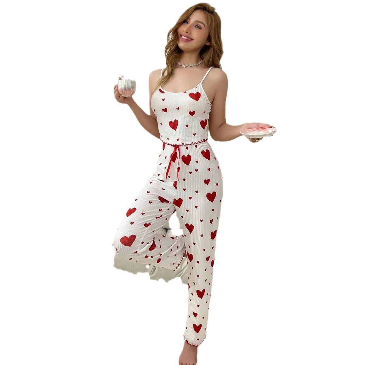 Damen pyjamas plus Größe Pyjamas Set 2 Stück kurze Weste Hose weiß atmungsaktiv weich lässig Love Print