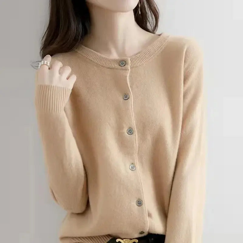 Autumn/Winter New Round Neck Knitted Cardigan Women's Loose-Fit Plus Size Sweater Versatile Jacket Solid Color Base Wool Jacket FUXL-Shopify