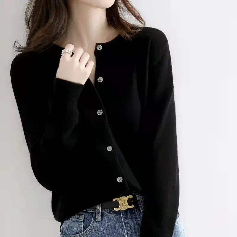 Autumn/Winter New Round Neck Knitted Cardigan Women's Loose-Fit Plus Size Sweater Versatile Jacket Solid Color Base Wool Jacket FUXL-Shopify