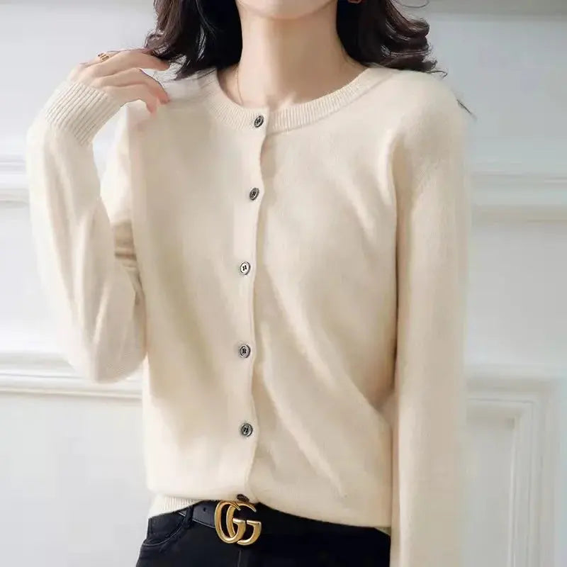 Autumn/Winter New Round Neck Knitted Cardigan Women's Loose-Fit Plus Size Sweater Versatile Jacket Solid Color Base Wool Jacket FUXL-Shopify