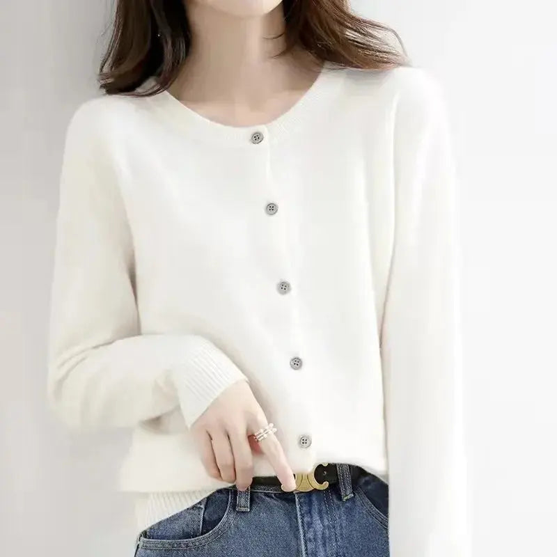 Autumn/Winter New Round Neck Knitted Cardigan Women's Loose-Fit Plus Size Sweater Versatile Jacket Solid Color Base Wool Jacket FUXL-Shopify