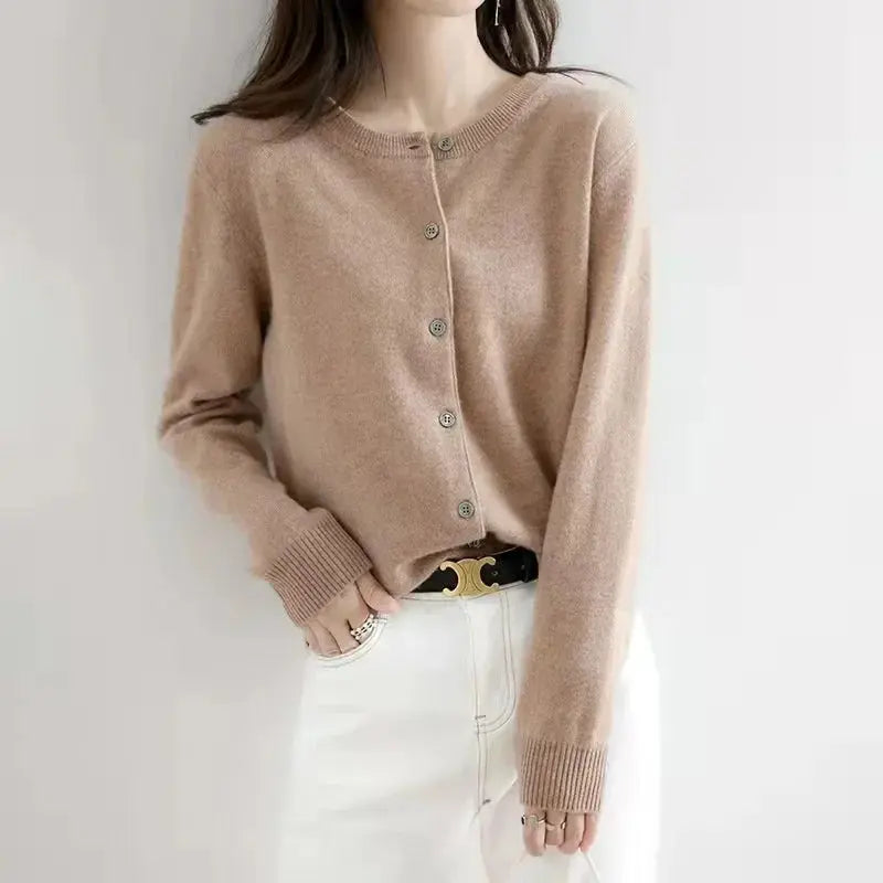 Autumn/Winter New Round Neck Knitted Cardigan Women's Loose-Fit Plus Size Sweater Versatile Jacket Solid Color Base Wool Jacket FUXL-Shopify