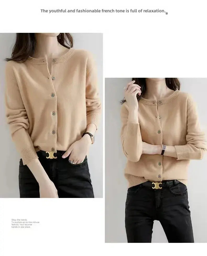 Autumn/Winter New Round Neck Knitted Cardigan Women's Loose-Fit Plus Size Sweater Versatile Jacket Solid Color Base Wool Jacket FUXL-Shopify