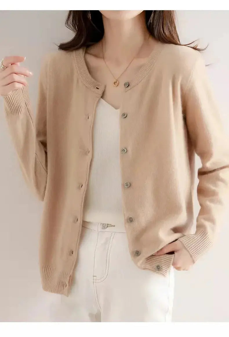 Autumn/Winter New Round Neck Knitted Cardigan Women's Loose-Fit Plus Size Sweater Versatile Jacket Solid Color Base Wool Jacket FUXL-Shopify