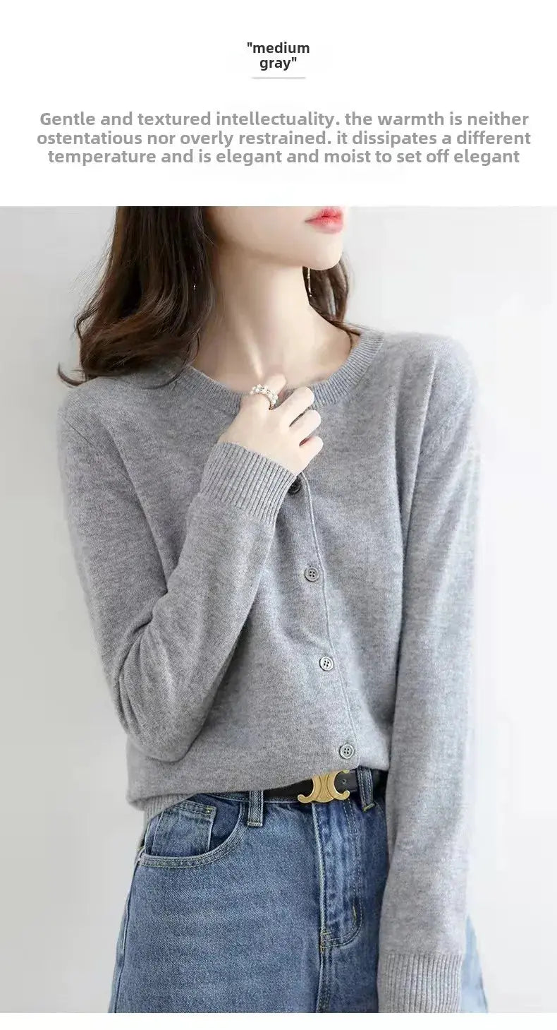 Autumn/Winter New Round Neck Knitted Cardigan Women's Loose-Fit Plus Size Sweater Versatile Jacket Solid Color Base Wool Jacket FUXL-Shopify