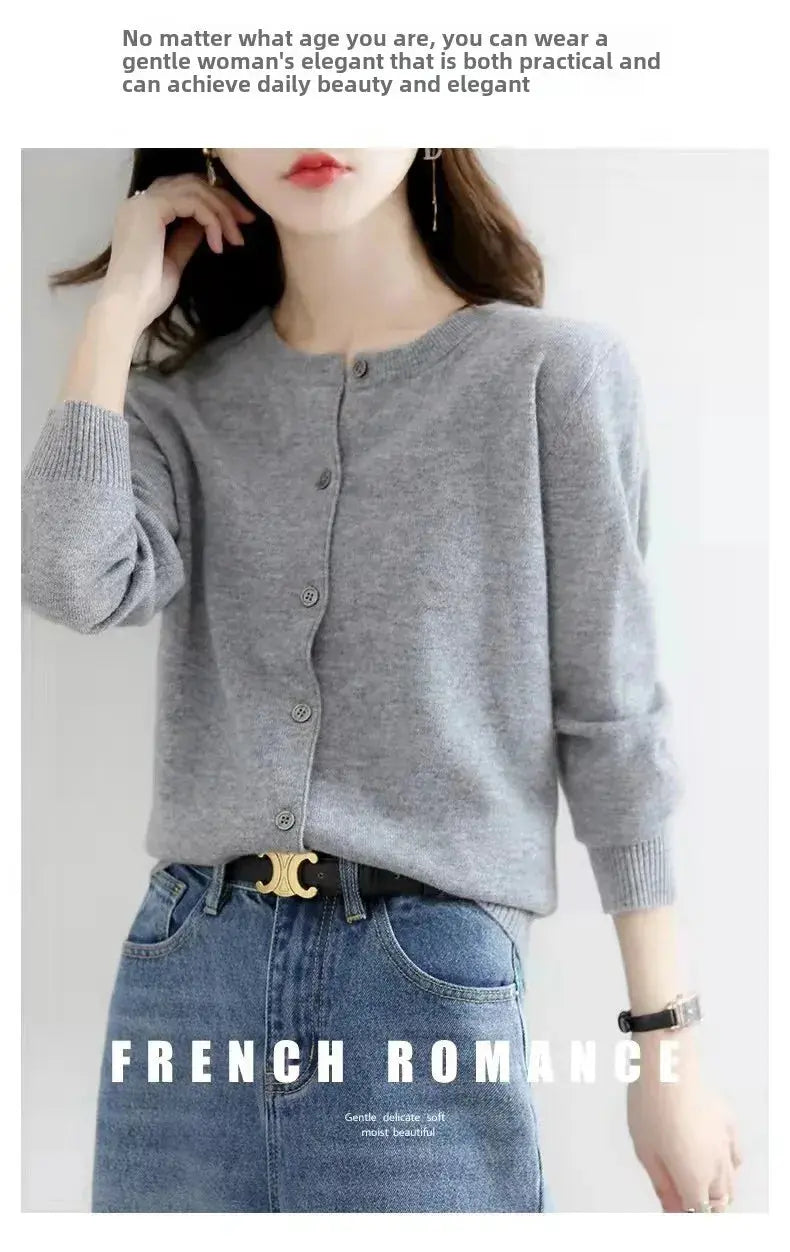 Autumn/Winter New Round Neck Knitted Cardigan Women's Loose-Fit Plus Size Sweater Versatile Jacket Solid Color Base Wool Jacket FUXL-Shopify