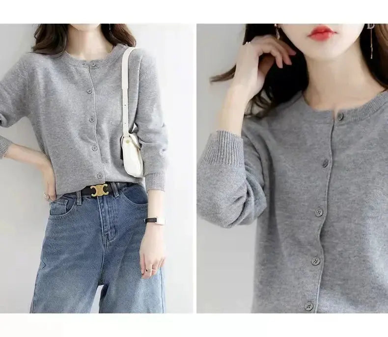 Autumn/Winter New Round Neck Knitted Cardigan Women's Loose-Fit Plus Size Sweater Versatile Jacket Solid Color Base Wool Jacket FUXL-Shopify