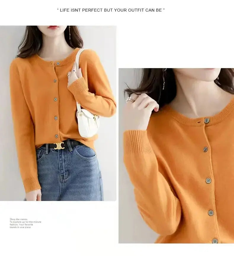 Autumn/Winter New Round Neck Knitted Cardigan Women's Loose-Fit Plus Size Sweater Versatile Jacket Solid Color Base Wool Jacket FUXL-Shopify
