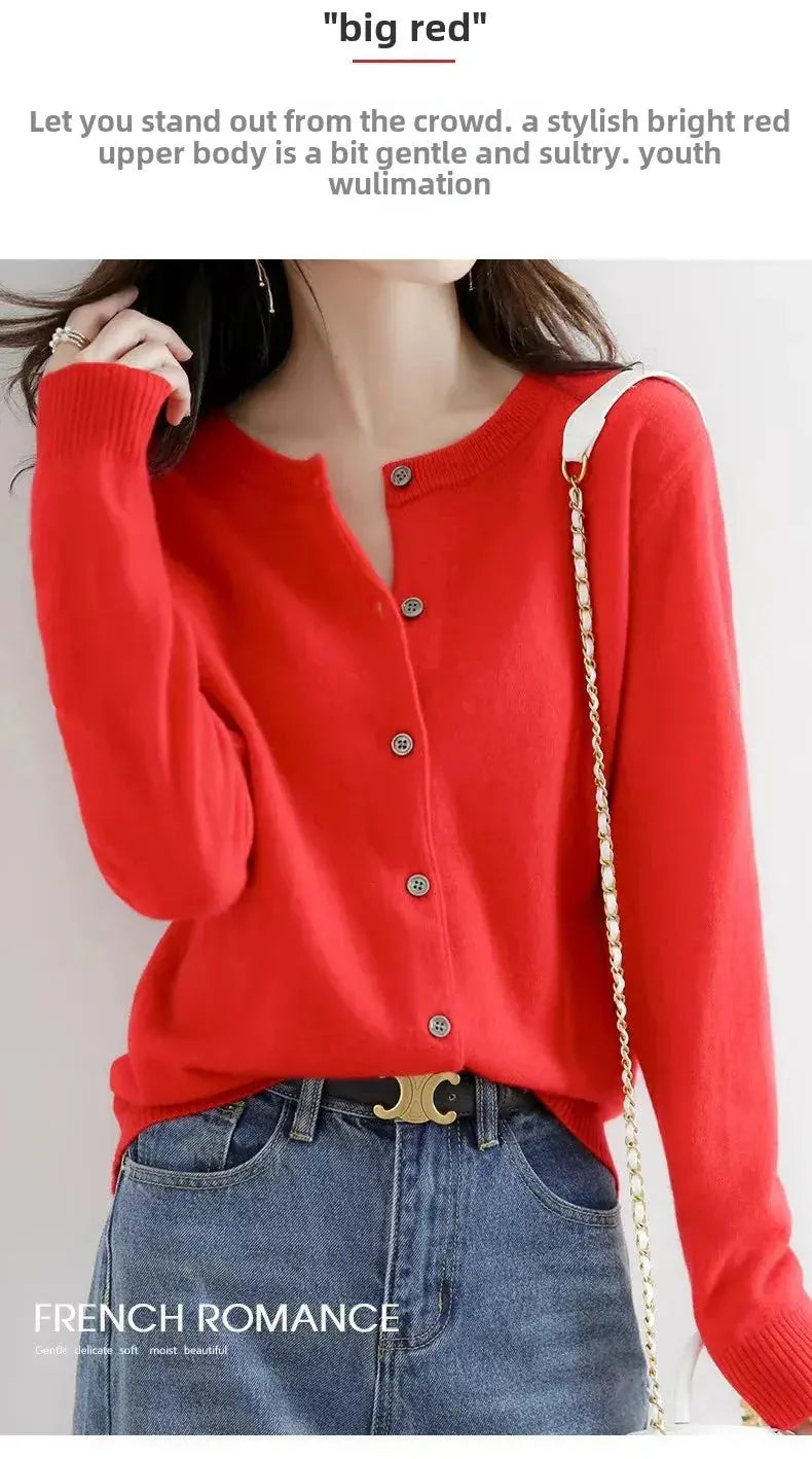 Autumn/Winter New Round Neck Knitted Cardigan Women's Loose-Fit Plus Size Sweater Versatile Jacket Solid Color Base Wool Jacket FUXL-Shopify