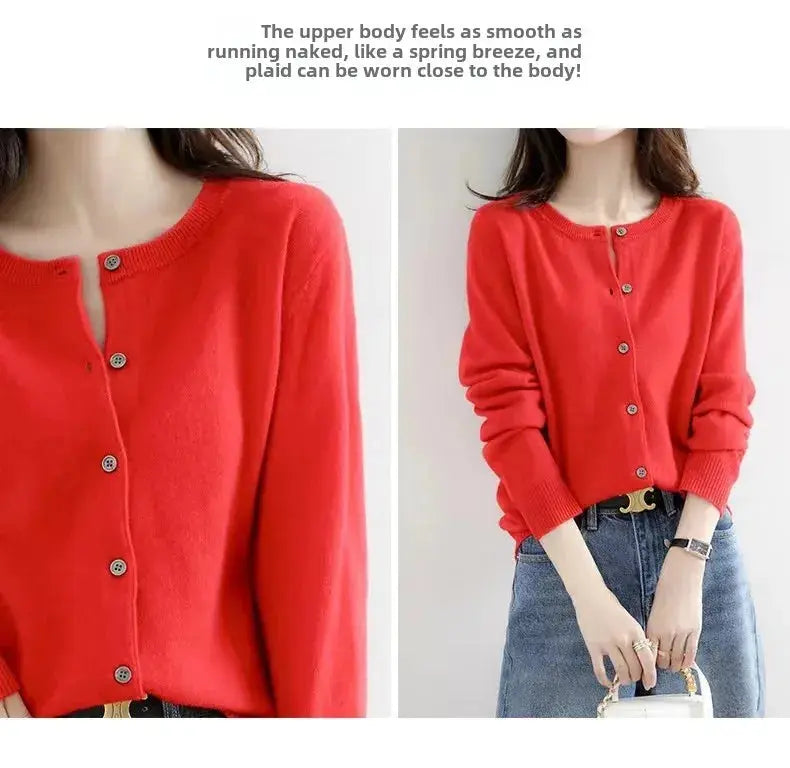 Autumn/Winter New Round Neck Knitted Cardigan Women's Loose-Fit Plus Size Sweater Versatile Jacket Solid Color Base Wool Jacket FUXL-Shopify