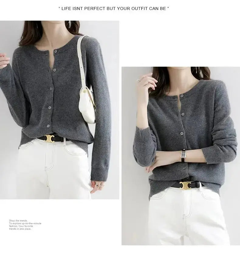 Autumn/Winter New Round Neck Knitted Cardigan Women's Loose-Fit Plus Size Sweater Versatile Jacket Solid Color Base Wool Jacket FUXL-Shopify