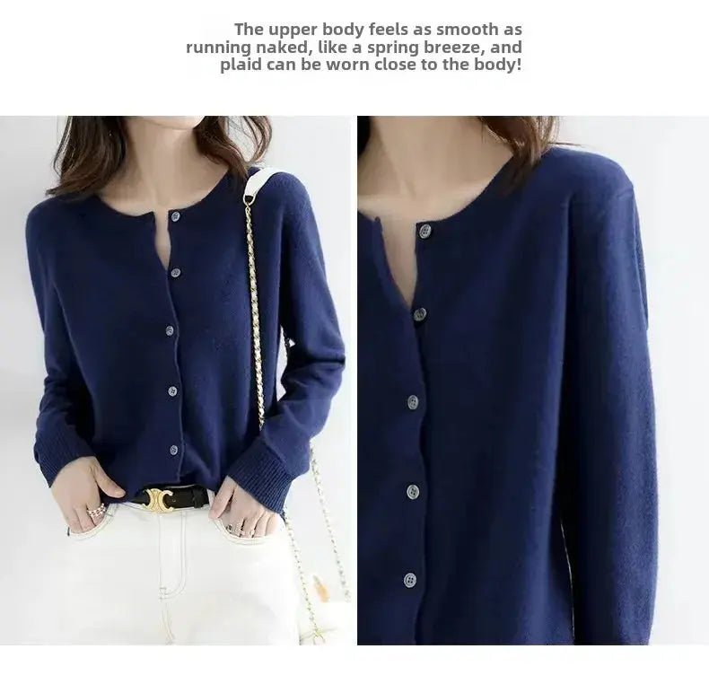 Autumn/Winter New Round Neck Knitted Cardigan Women's Loose-Fit Plus Size Sweater Versatile Jacket Solid Color Base Wool Jacket FUXL-Shopify