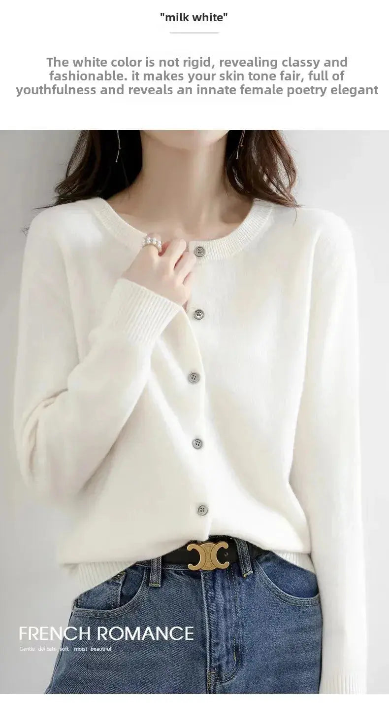 Autumn/Winter New Round Neck Knitted Cardigan Women's Loose-Fit Plus Size Sweater Versatile Jacket Solid Color Base Wool Jacket FUXL-Shopify