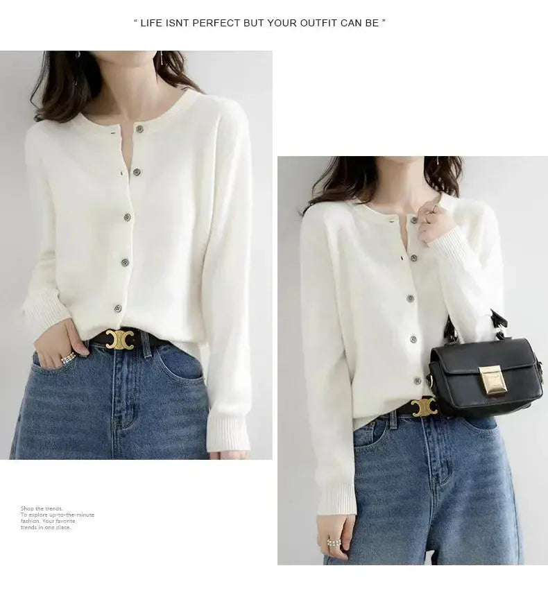 Autumn/Winter New Round Neck Knitted Cardigan Women's Loose-Fit Plus Size Sweater Versatile Jacket Solid Color Base Wool Jacket FUXL-Shopify