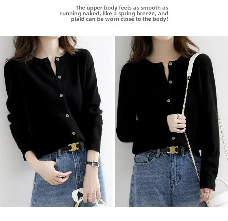 Autumn/Winter New Round Neck Knitted Cardigan Women's Loose-Fit Plus Size Sweater Versatile Jacket Solid Color Base Wool Jacket FUXL-Shopify