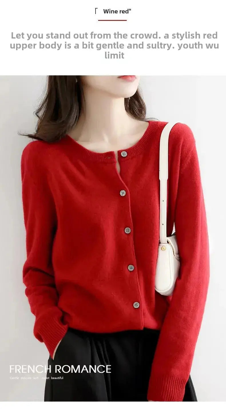 Autumn/Winter New Round Neck Knitted Cardigan Women's Loose-Fit Plus Size Sweater Versatile Jacket Solid Color Base Wool Jacket FUXL-Shopify