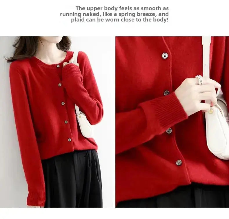 Autumn/Winter New Round Neck Knitted Cardigan Women's Loose-Fit Plus Size Sweater Versatile Jacket Solid Color Base Wool Jacket FUXL-Shopify