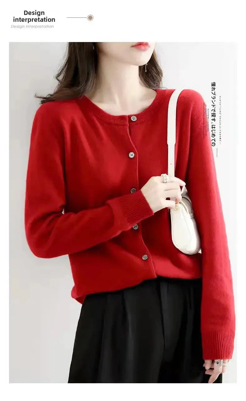 Autumn/Winter New Round Neck Knitted Cardigan Women's Loose-Fit Plus Size Sweater Versatile Jacket Solid Color Base Wool Jacket FUXL-Shopify