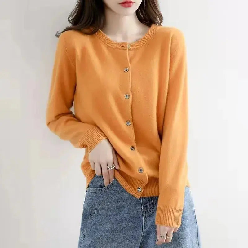 Autumn/Winter New Round Neck Knitted Cardigan Women's Loose-Fit Plus Size Sweater Versatile Jacket Solid Color Base Wool Jacket FUXL-Shopify