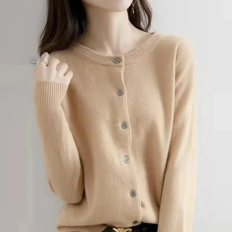 Autumn/Winter New Round Neck Knitted Cardigan Women's Loose-Fit Plus Size Sweater Versatile Jacket Solid Color Base Wool Jacket FUXL-Shopify