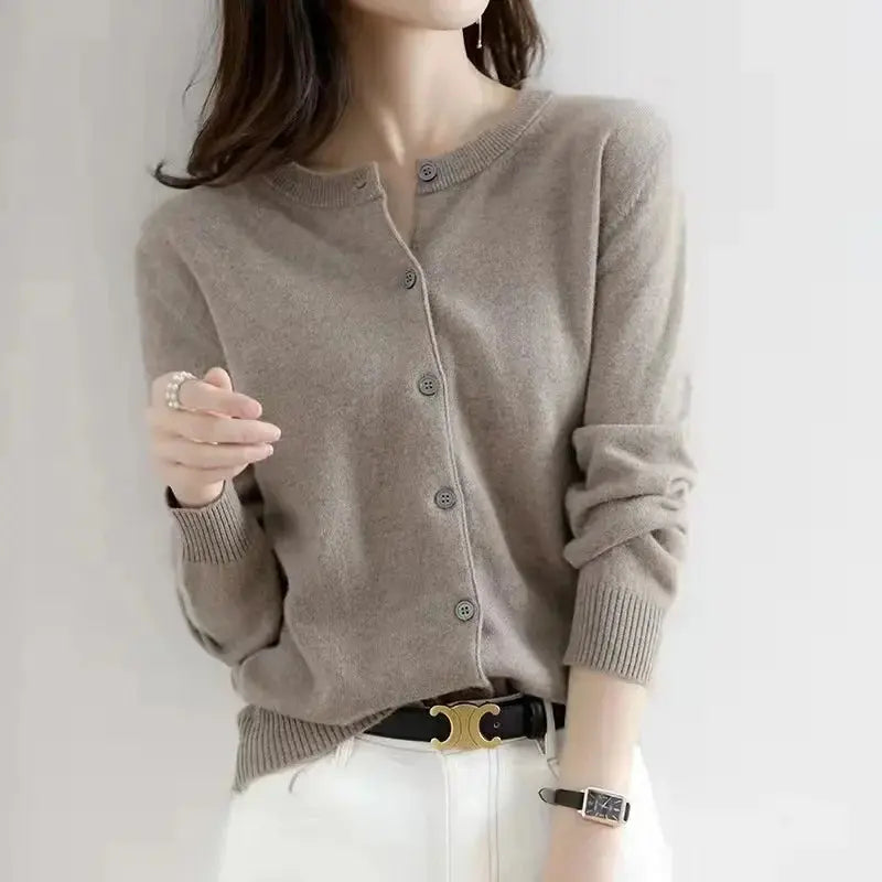 Autumn/Winter New Round Neck Knitted Cardigan Women's Loose-Fit Plus Size Sweater Versatile Jacket Solid Color Base Wool Jacket FUXL-Shopify