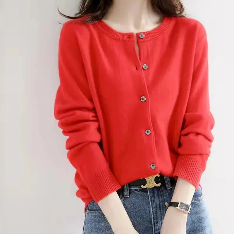 Autumn/Winter New Round Neck Knitted Cardigan Women's Loose-Fit Plus Size Sweater Versatile Jacket Solid Color Base Wool Jacket FUXL-Shopify