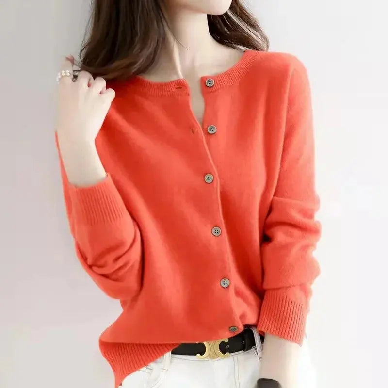 Autumn/Winter New Round Neck Knitted Cardigan Women's Loose-Fit Plus Size Sweater Versatile Jacket Solid Color Base Wool Jacket FUXL-Shopify