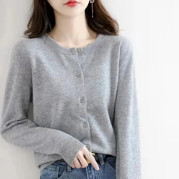 Autumn/Winter New Round Neck Knitted Cardigan Women's Loose-Fit Plus Size Sweater Versatile Jacket Solid Color Base Wool Jacket FUXL-Shopify
