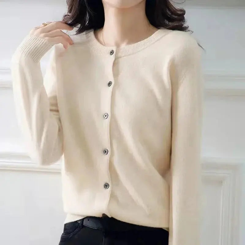 Autumn/Winter New Round Neck Knitted Cardigan Women's Loose-Fit Plus Size Sweater Versatile Jacket Solid Color Base Wool Jacket FUXL-Shopify