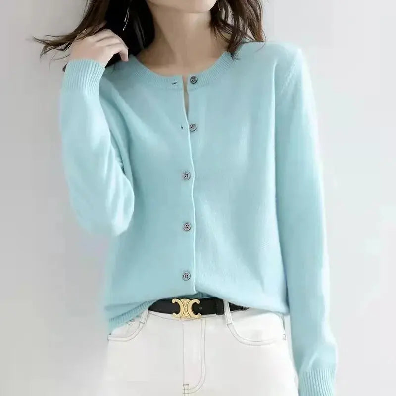 Autumn/Winter New Round Neck Knitted Cardigan Women's Loose-Fit Plus Size Sweater Versatile Jacket Solid Color Base Wool Jacket FUXL-Shopify