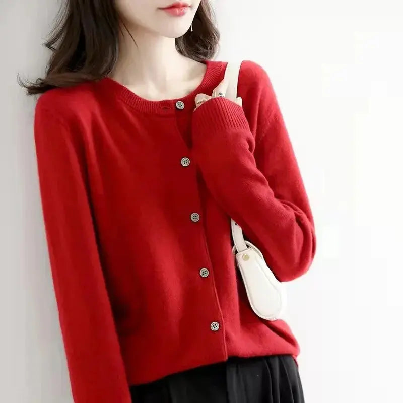 Autumn/Winter New Round Neck Knitted Cardigan Women's Loose-Fit Plus Size Sweater Versatile Jacket Solid Color Base Wool Jacket FUXL-Shopify