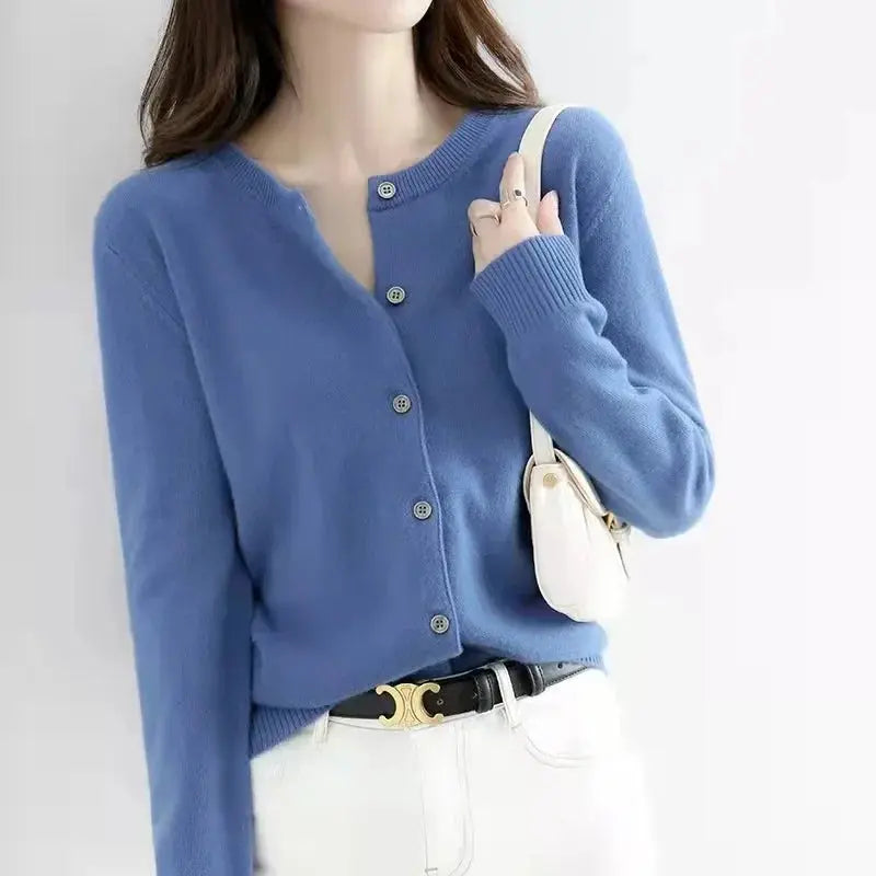 Autumn/Winter New Round Neck Knitted Cardigan Women's Loose-Fit Plus Size Sweater Versatile Jacket Solid Color Base Wool Jacket FUXL-Shopify