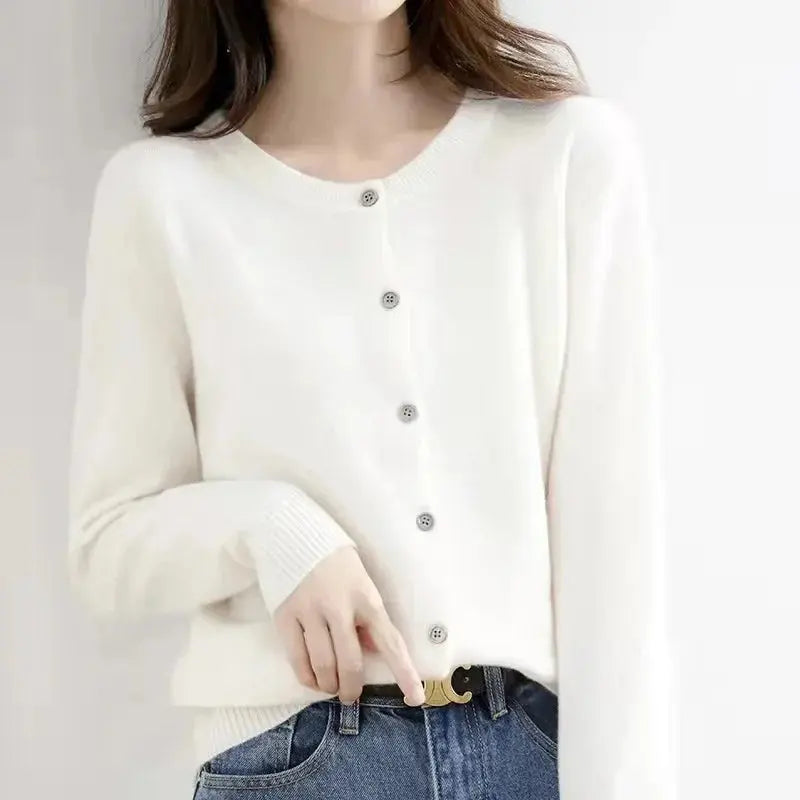 Autumn/Winter New Round Neck Knitted Cardigan Women's Loose-Fit Plus Size Sweater Versatile Jacket Solid Color Base Wool Jacket FUXL-Shopify