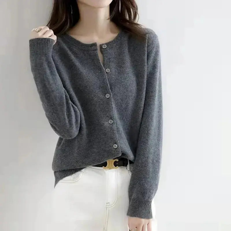 Autumn/Winter New Round Neck Knitted Cardigan Women's Loose-Fit Plus Size Sweater Versatile Jacket Solid Color Base Wool Jacket FUXL-Shopify