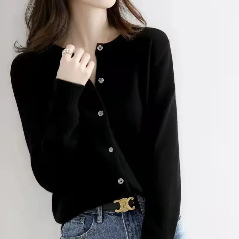 Autumn/Winter New Round Neck Knitted Cardigan Women's Loose-Fit Plus Size Sweater Versatile Jacket Solid Color Base Wool Jacket FUXL-Shopify