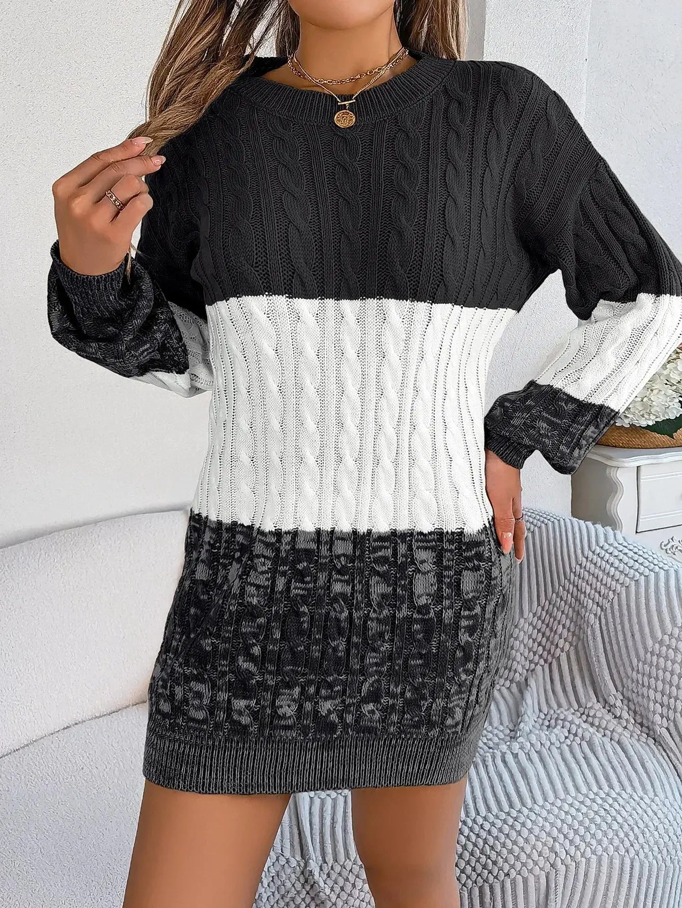 Autumn and Winter Casual Color Matching Twist Lantern Sleeve Sweater Skirt, Women's Clothing FUXL-Shopify