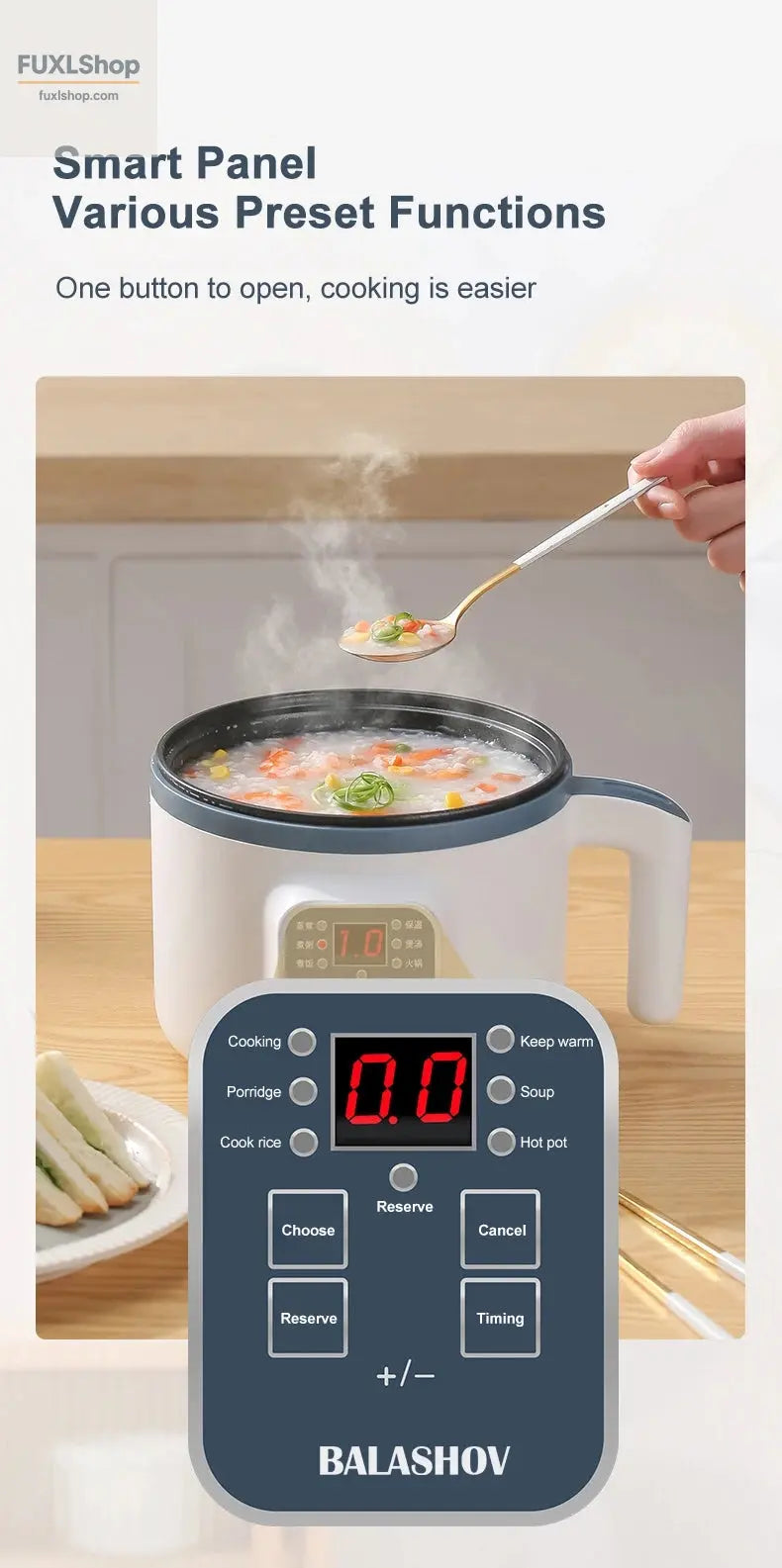BALASHOV 1.7L Elektrischer Reiskocher – Mehrfunktions-Kochtopf mit Dampfkorb, 220V für Reis, Suppe & mehr (2-3 Personen) - FUXL-Shopify