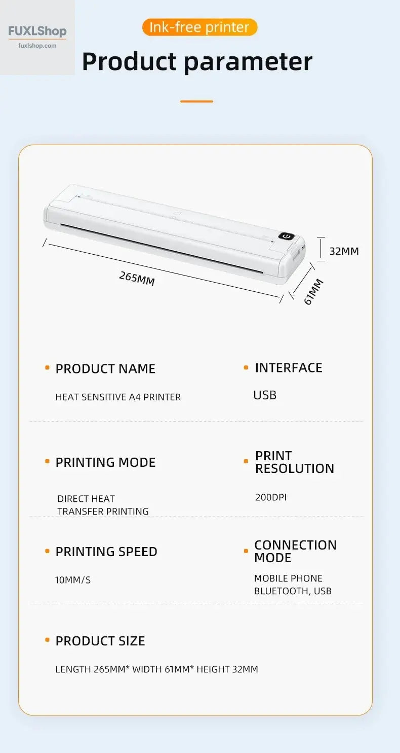 Tragbarer A4-Thermodrucker für das mobile Büro. Drahtloses, tintenloses A4-Thermopapierdruckgerät unterstützt Android/Apple/Windows - FUXL-Shopify