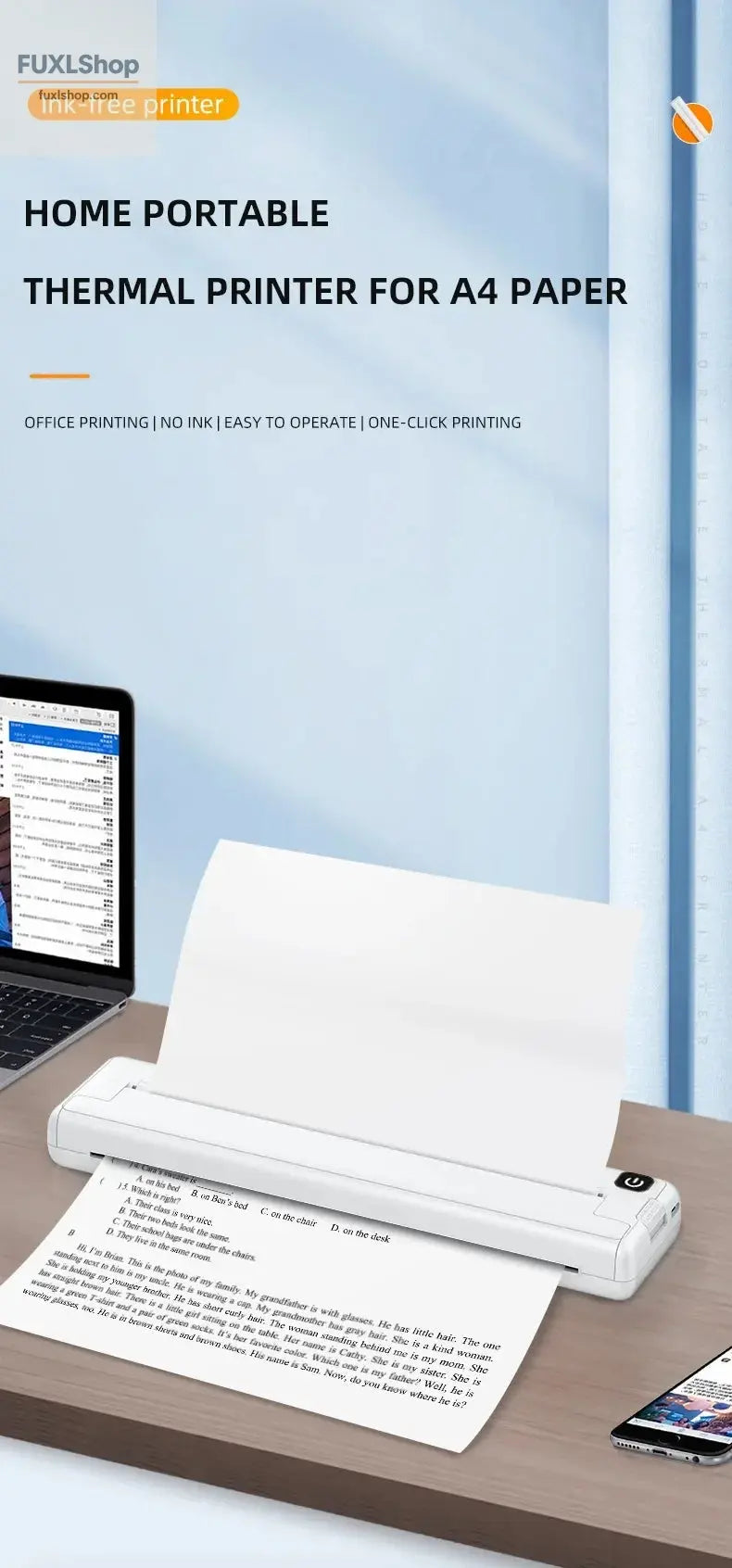 Tragbarer A4-Thermodrucker für das mobile Büro. Drahtloses, tintenloses A4-Thermopapierdruckgerät unterstützt Android/Apple/Windows - FUXL-Shopify