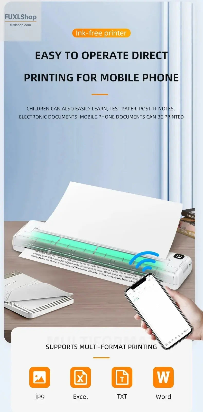 Tragbarer A4-Thermodrucker für das mobile Büro. Drahtloses, tintenloses A4-Thermopapierdruckgerät unterstützt Android/Apple/Windows - FUXL-Shopify