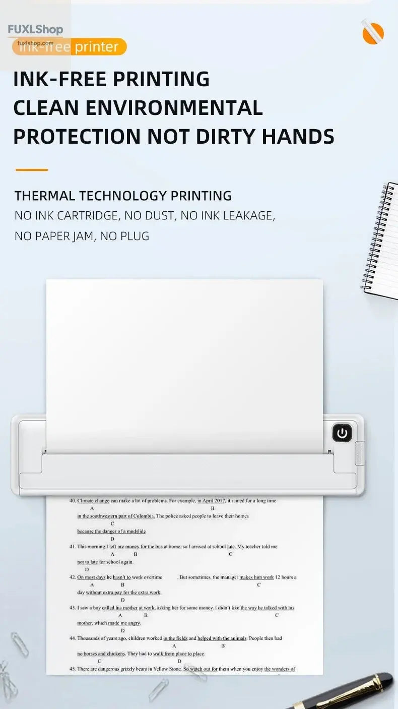 Tragbarer A4-Thermodrucker für das mobile Büro. Drahtloses, tintenloses A4-Thermopapierdruckgerät unterstützt Android/Apple/Windows - FUXL-Shopify