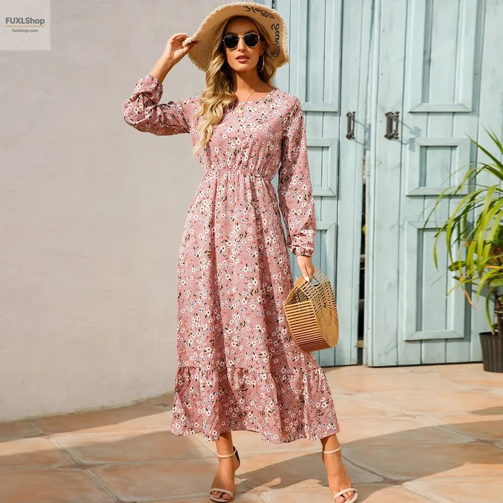FUXL Bohemian Maxi Kleid – Langarm Chiffon Blumenkleid (Mid-Calf, Lockere Passform) - FUXL-Shopify