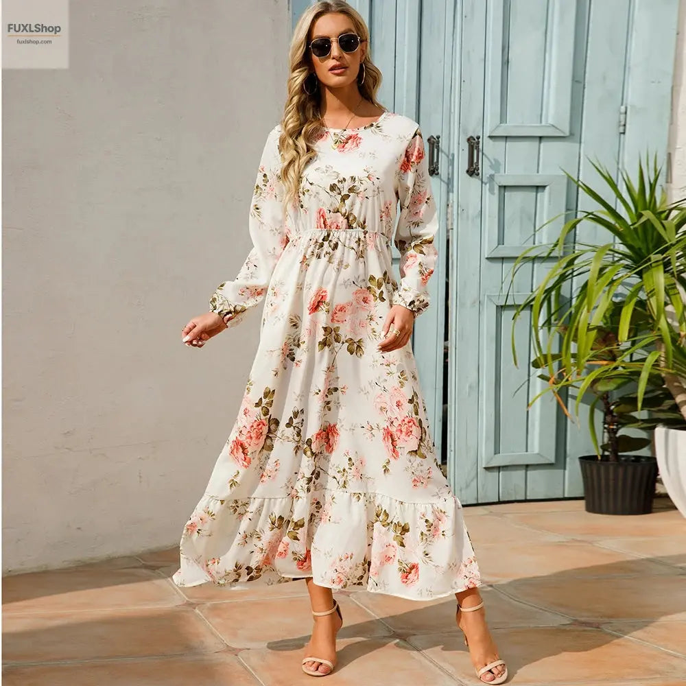 FUXL Bohemian Maxi Kleid – Langarm Chiffon Blumenkleid (Mid-Calf, Lockere Passform) - FUXL-Shopify