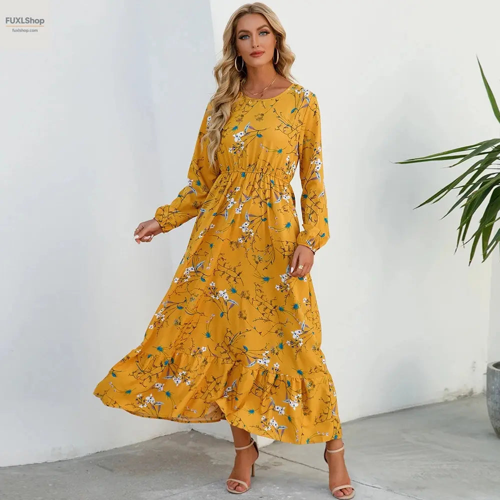 FUXL Bohemian Maxi Kleid – Langarm Chiffon Blumenkleid (Mid-Calf, Lockere Passform) - FUXL-Shopify