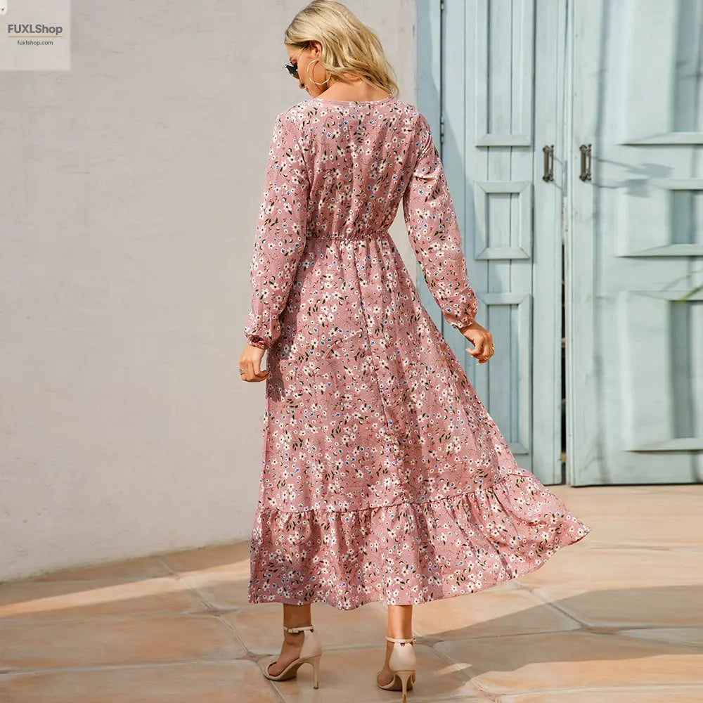FUXL Bohemian Maxi Kleid – Langarm Chiffon Blumenkleid (Mid-Calf, Lockere Passform) - FUXL-Shopify