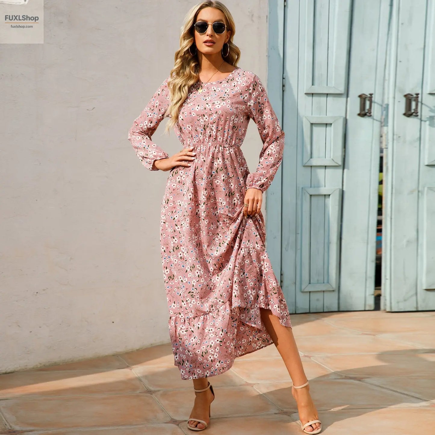 FUXL Bohemian Maxi Kleid – Langarm Chiffon Blumenkleid (Mid-Calf, Lockere Passform) - FUXL-Shopify
