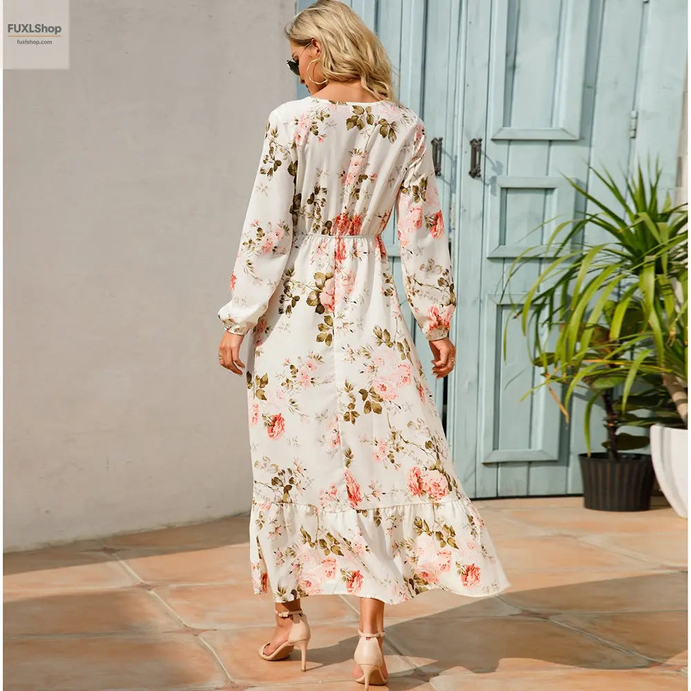 FUXL Bohemian Maxi Kleid – Langarm Chiffon Blumenkleid (Mid-Calf, Lockere Passform) - FUXL-Shopify
