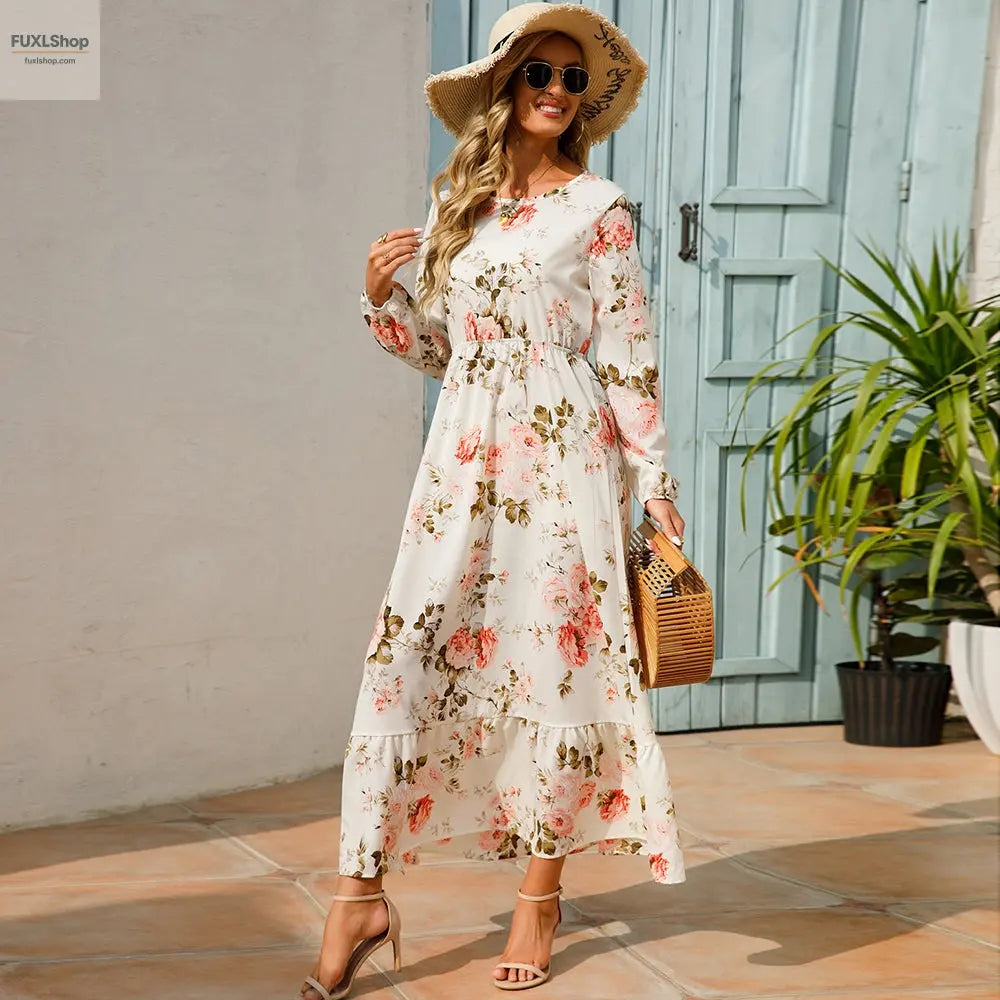 FUXL Bohemian Maxi Kleid – Langarm Chiffon Blumenkleid (Mid-Calf, Lockere Passform) - FUXL-Shopify
